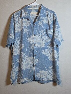 Tommy Bahama Men XL Silk Blend Floral Hawaiian Shirt Blue Camp Tropical Beach